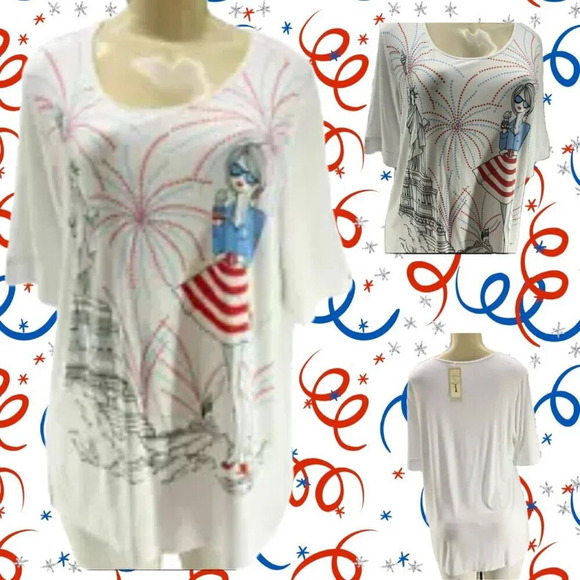 Colortree XL White Fireworks Lady Liberty Girl Graphic Studded Short Sleeve Top - Picture 1 of 7